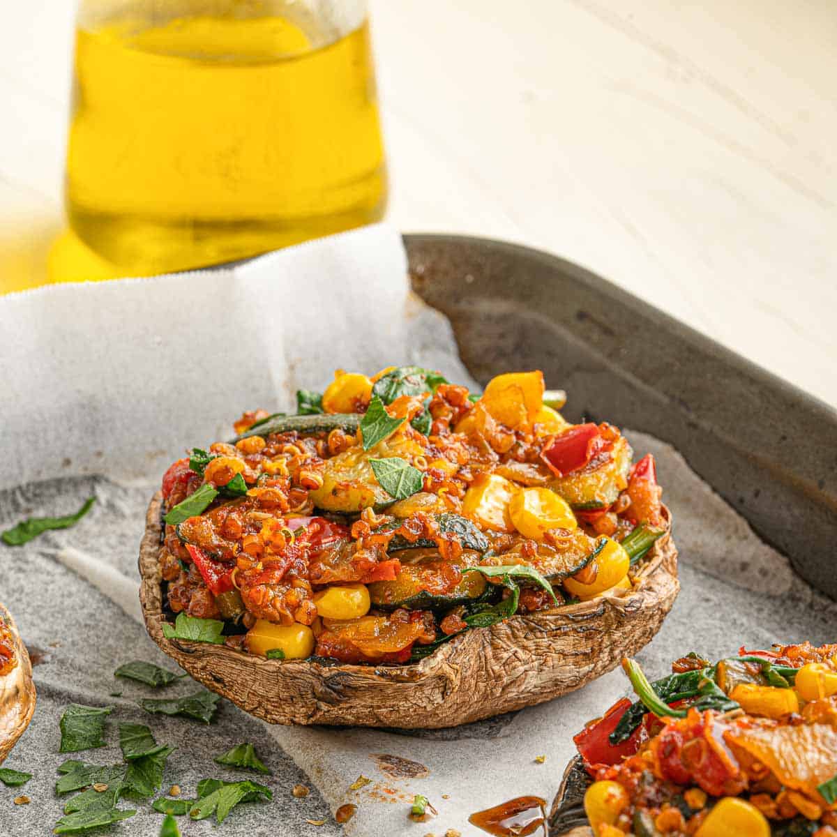 Vegetable stuffed Portobello mushrooms.