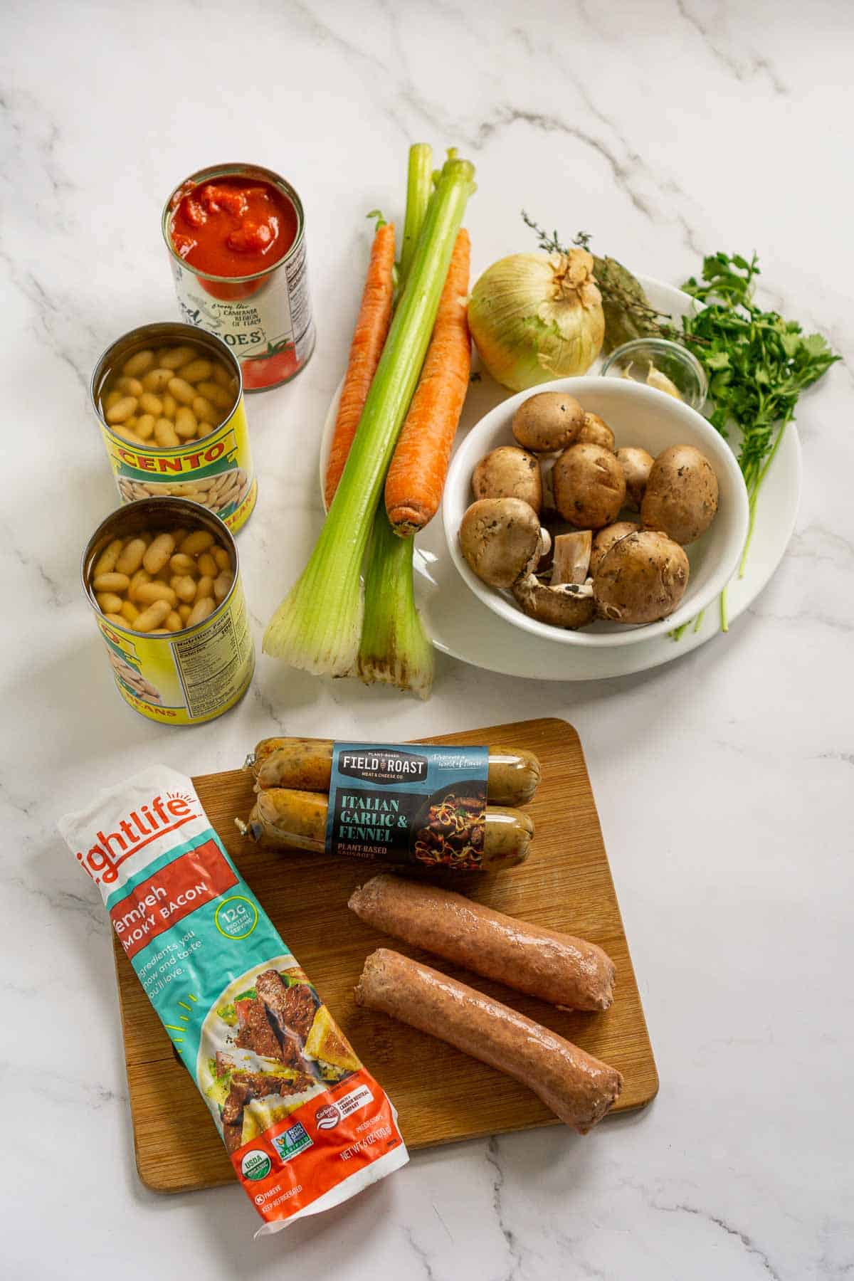 Ingredients for vegan cassoulet stew.