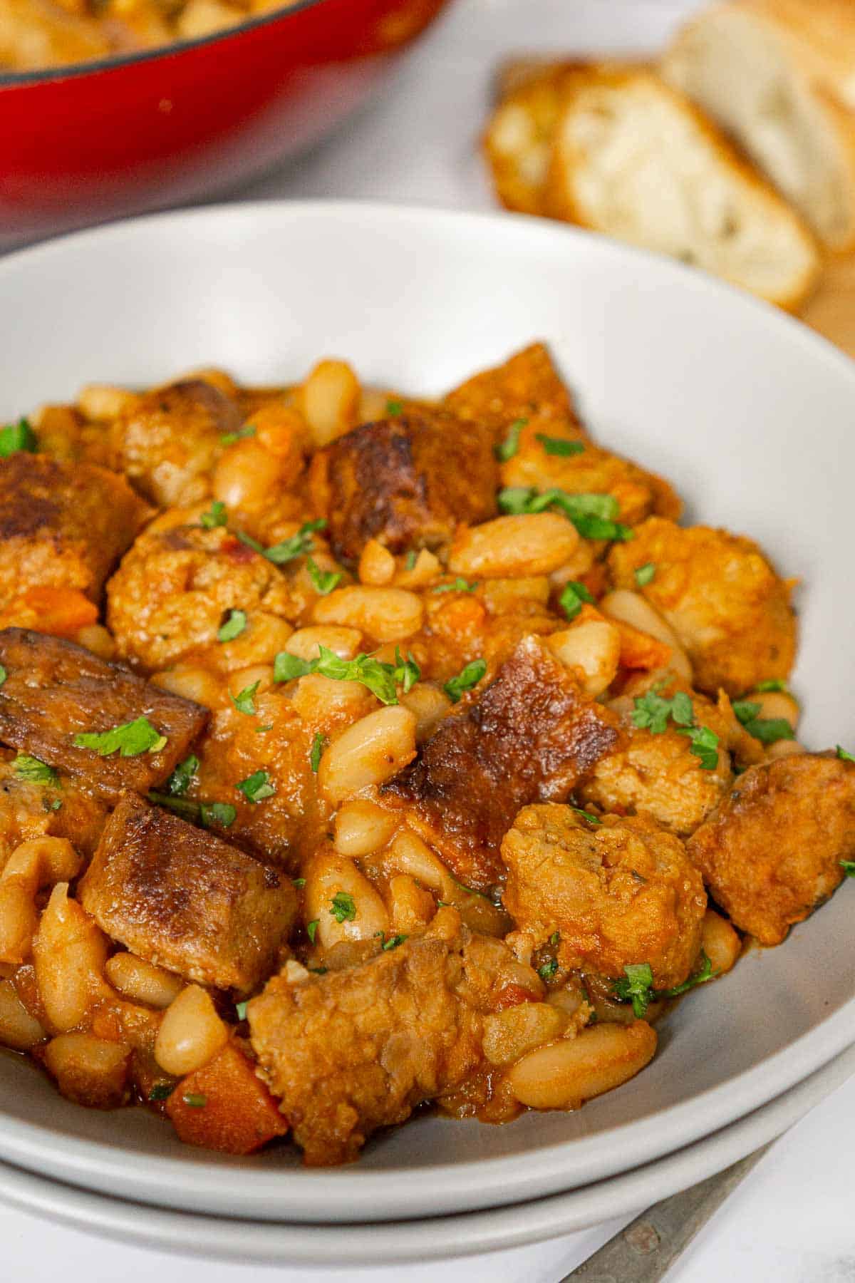 Close up of bowl of vegan cassoulet stew.