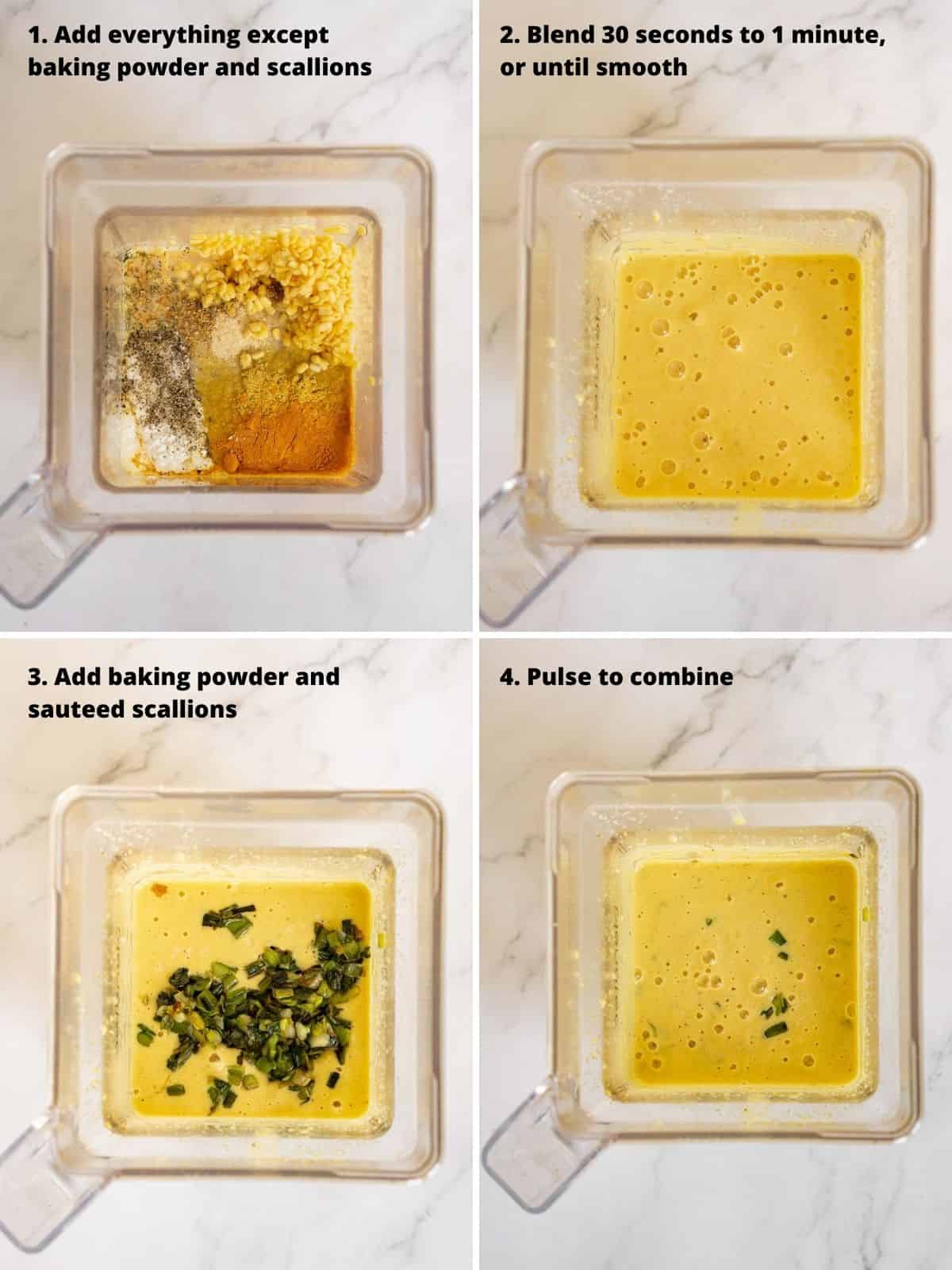 4 photos showing blending mung beans in a blender to make mung bean pancake batter