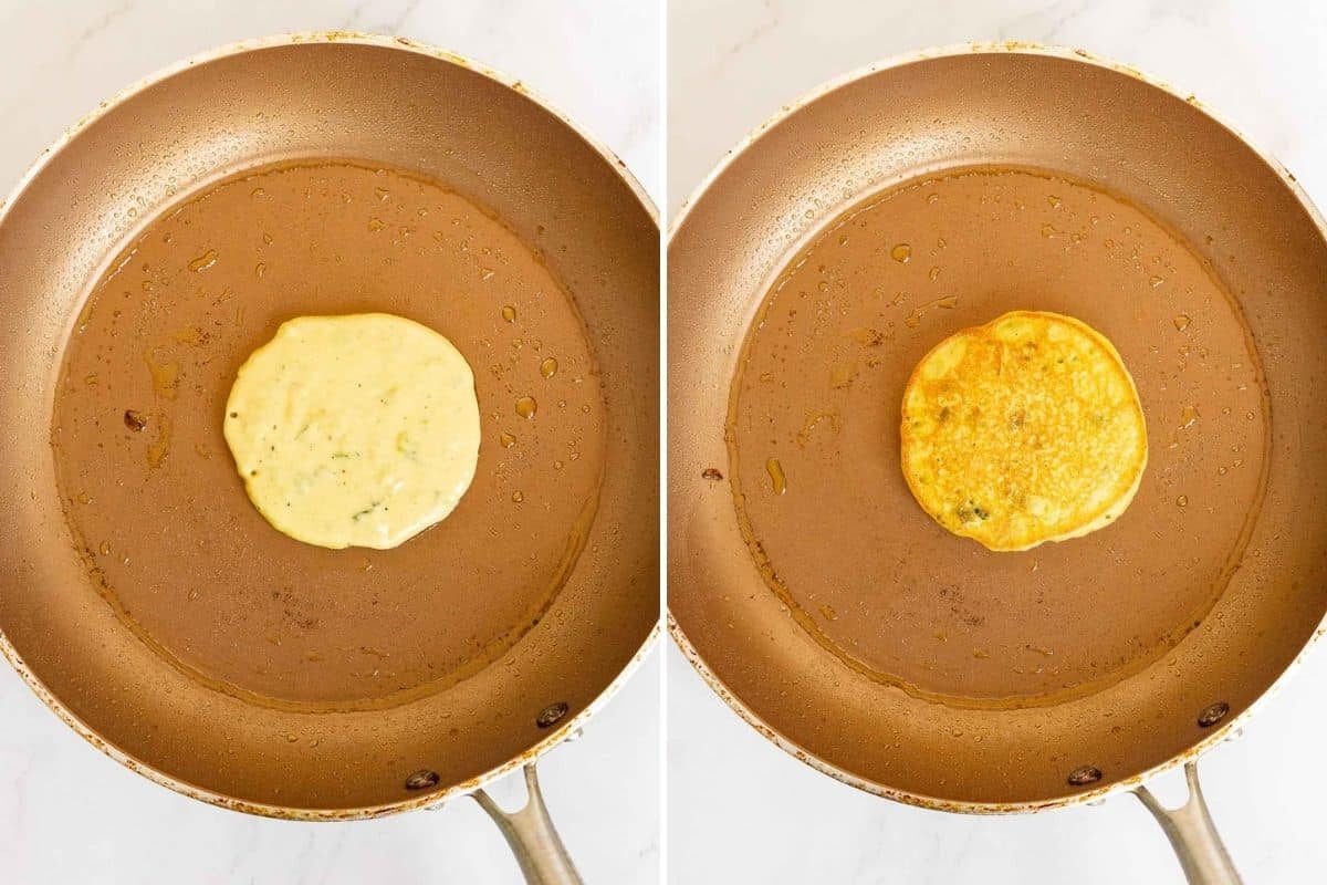 Cooking savory vegan pancakes in a pan