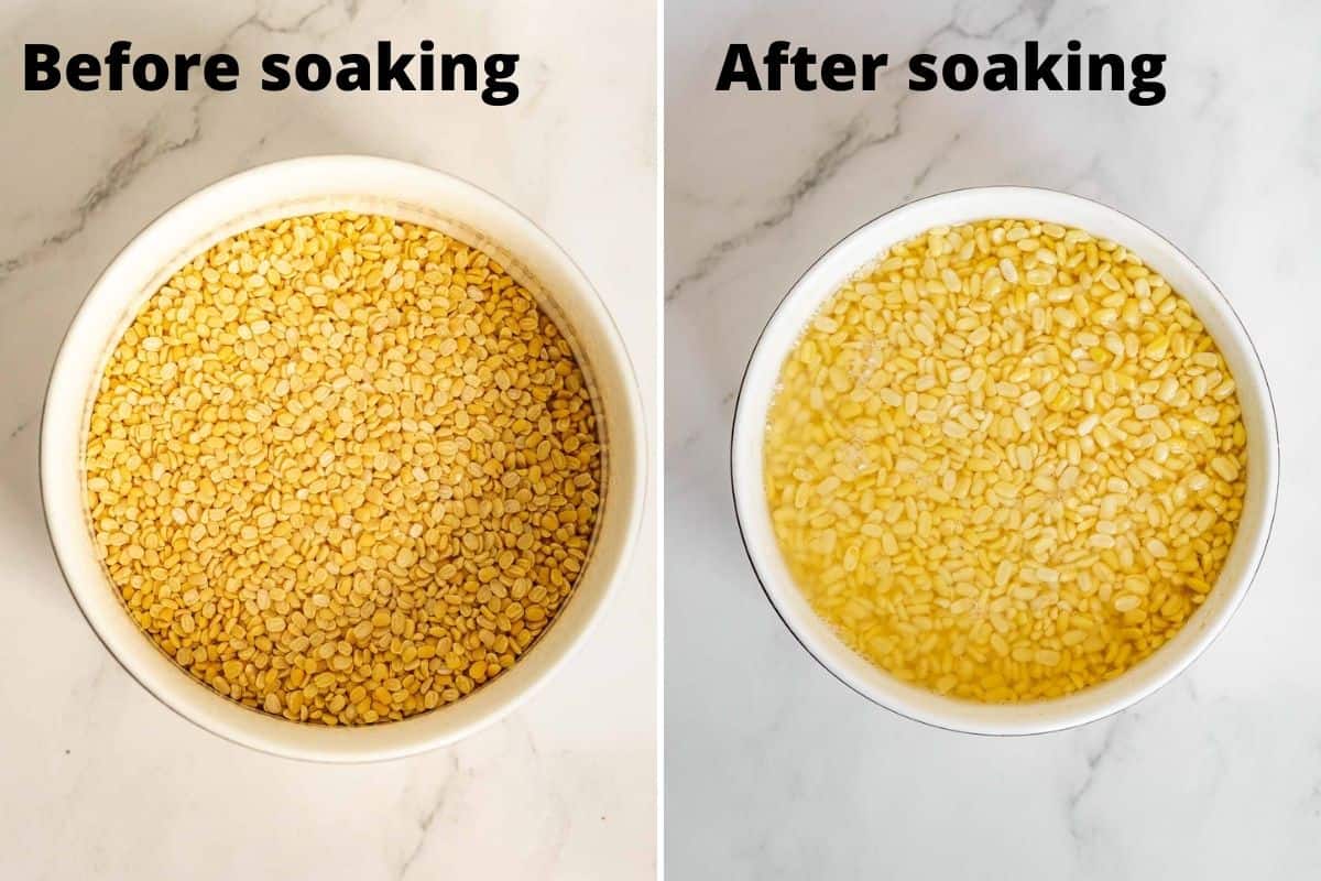 2 photos showing split yellow mung beans before and after soaking