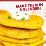 Pinterest image with text: savory mung bean vegan pancakes - make them in a blender