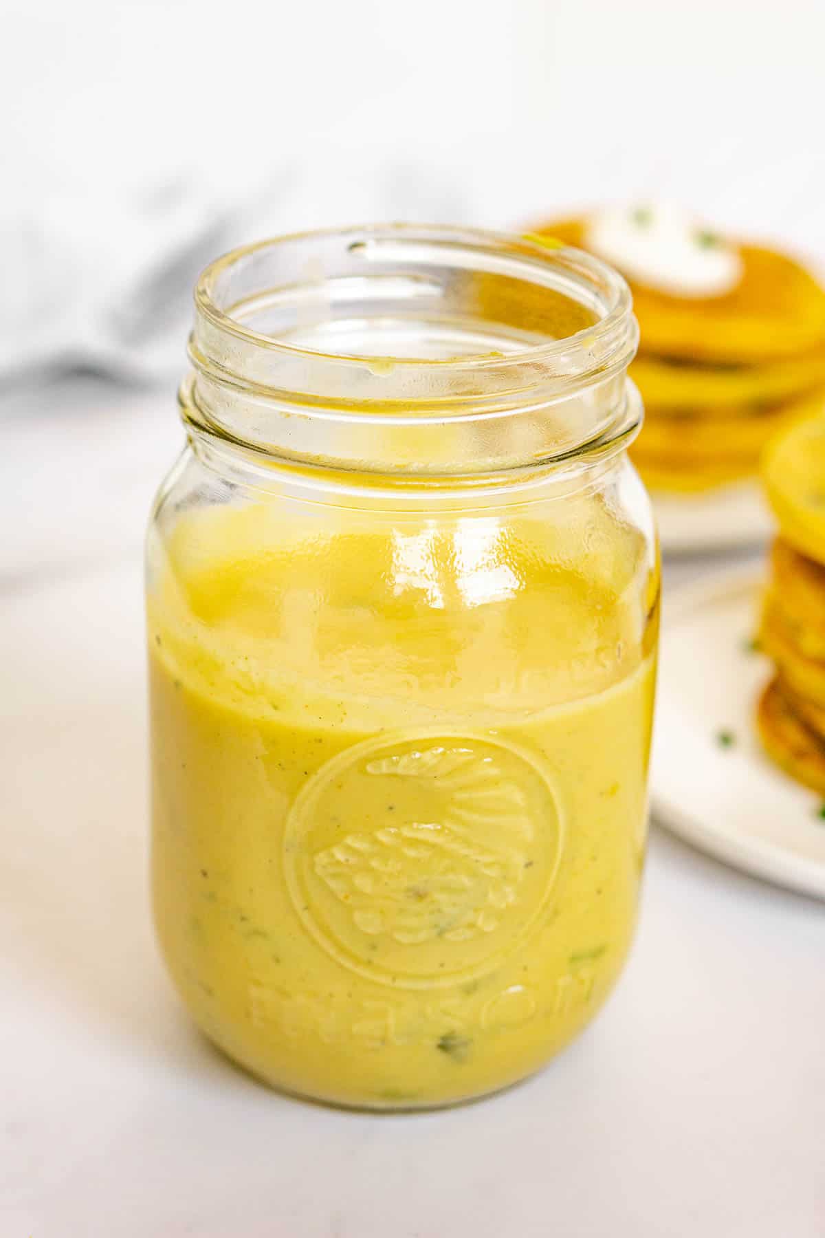 Vegan mung bean pancake batter in a mason jar