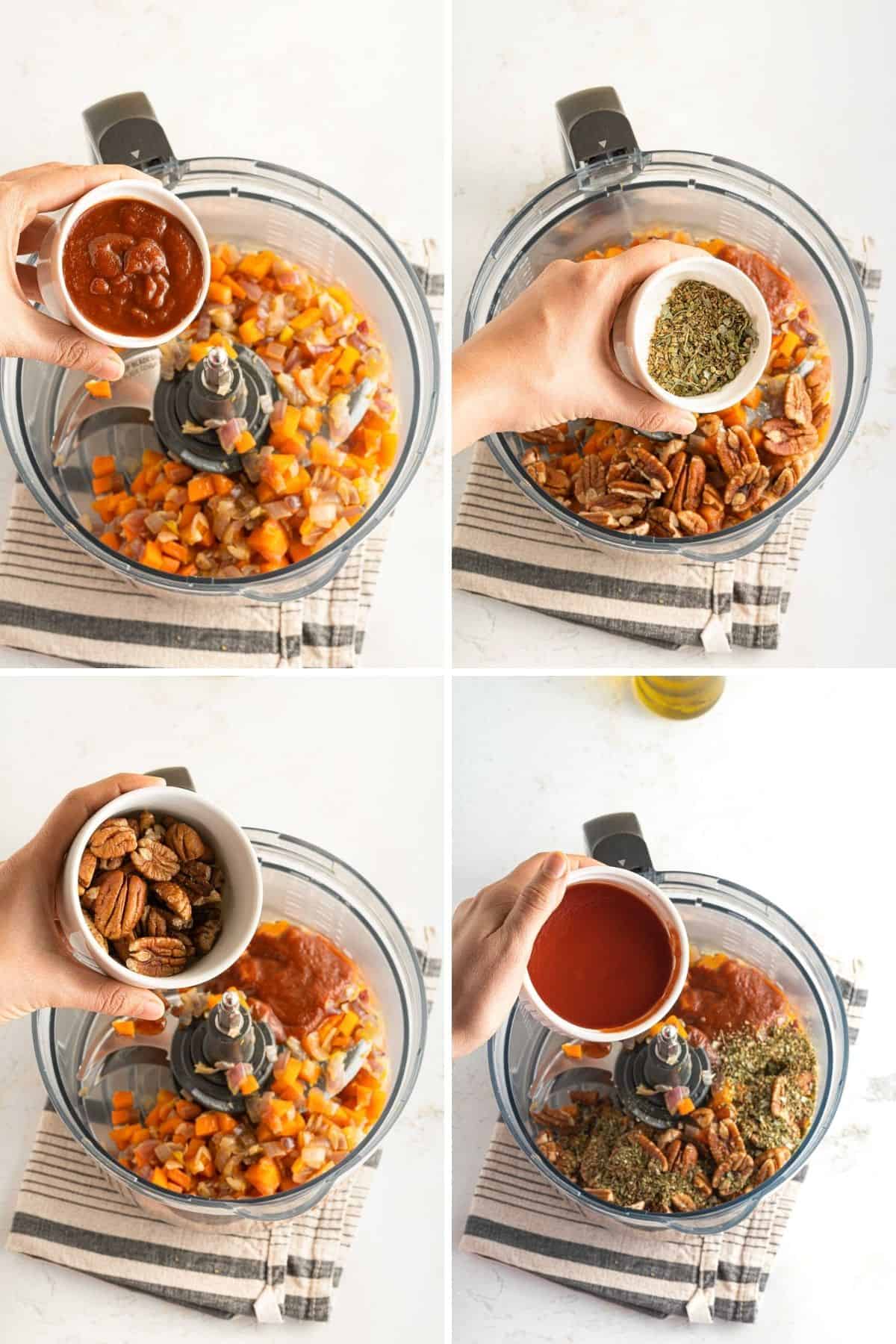 Collage of pictures showing ingredients for vegan loaf in a food processor.