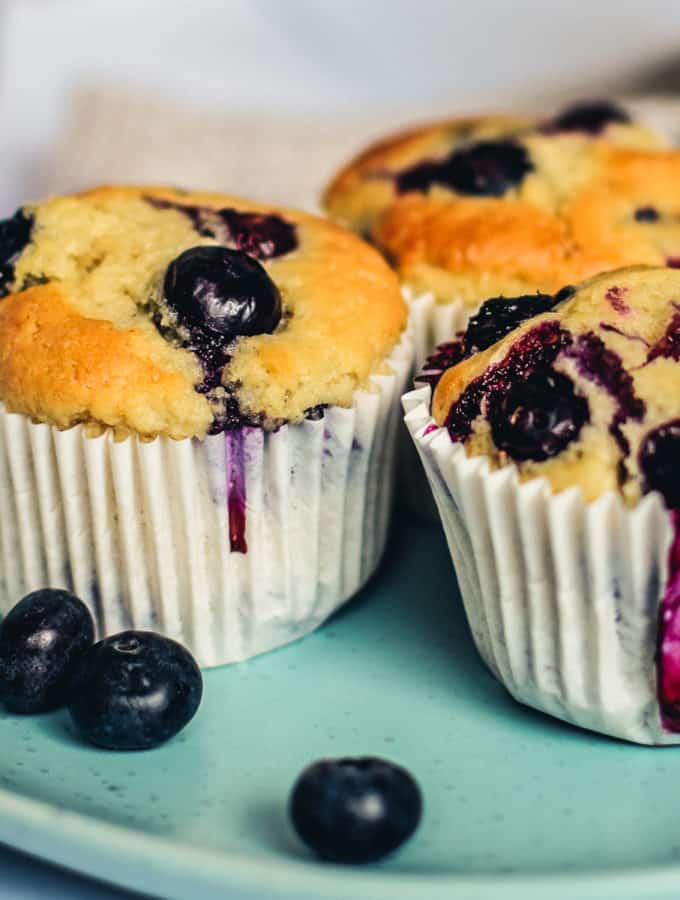 Vegan blueberry muffins on a plate.