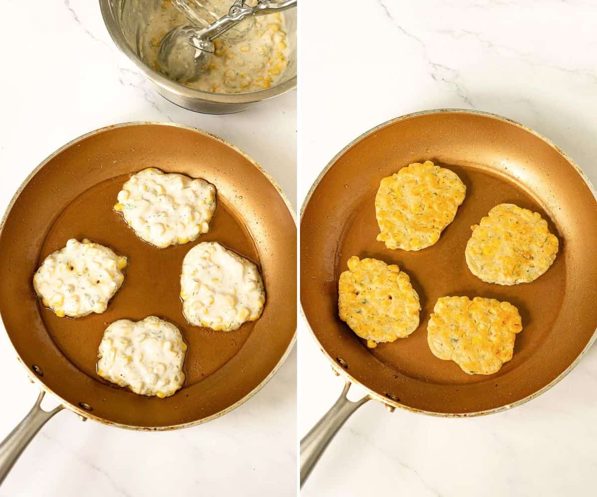 Collage of 2 pictures of cooking corn fritters