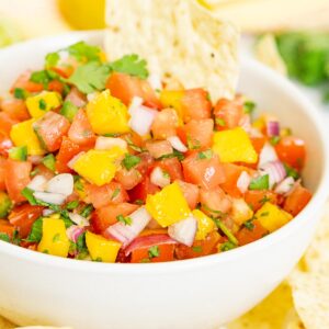 Close up of mango pico de gallo appetizer