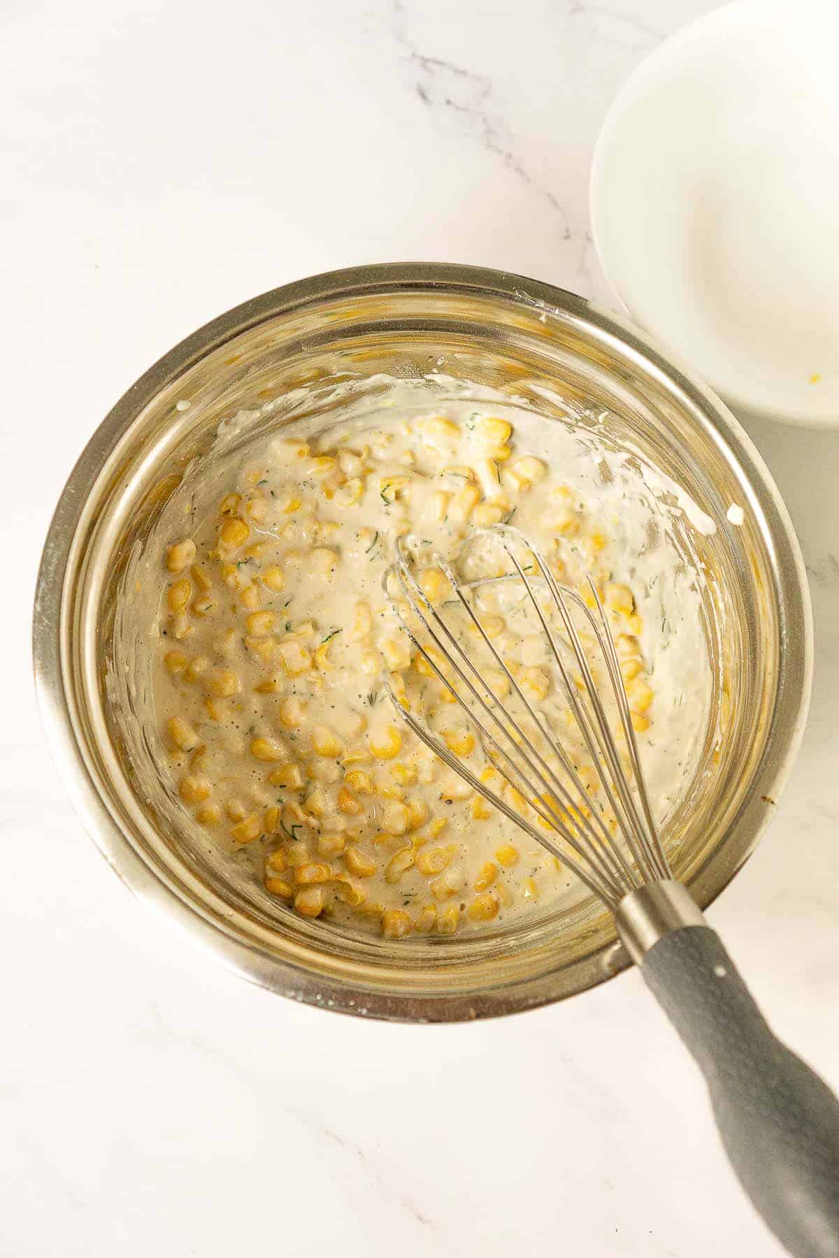 Corn fritter batter in a bowl