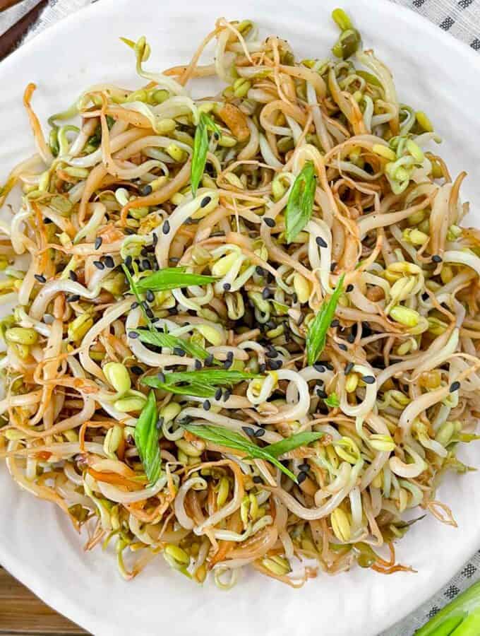 Bean sprout stir fry on a plate