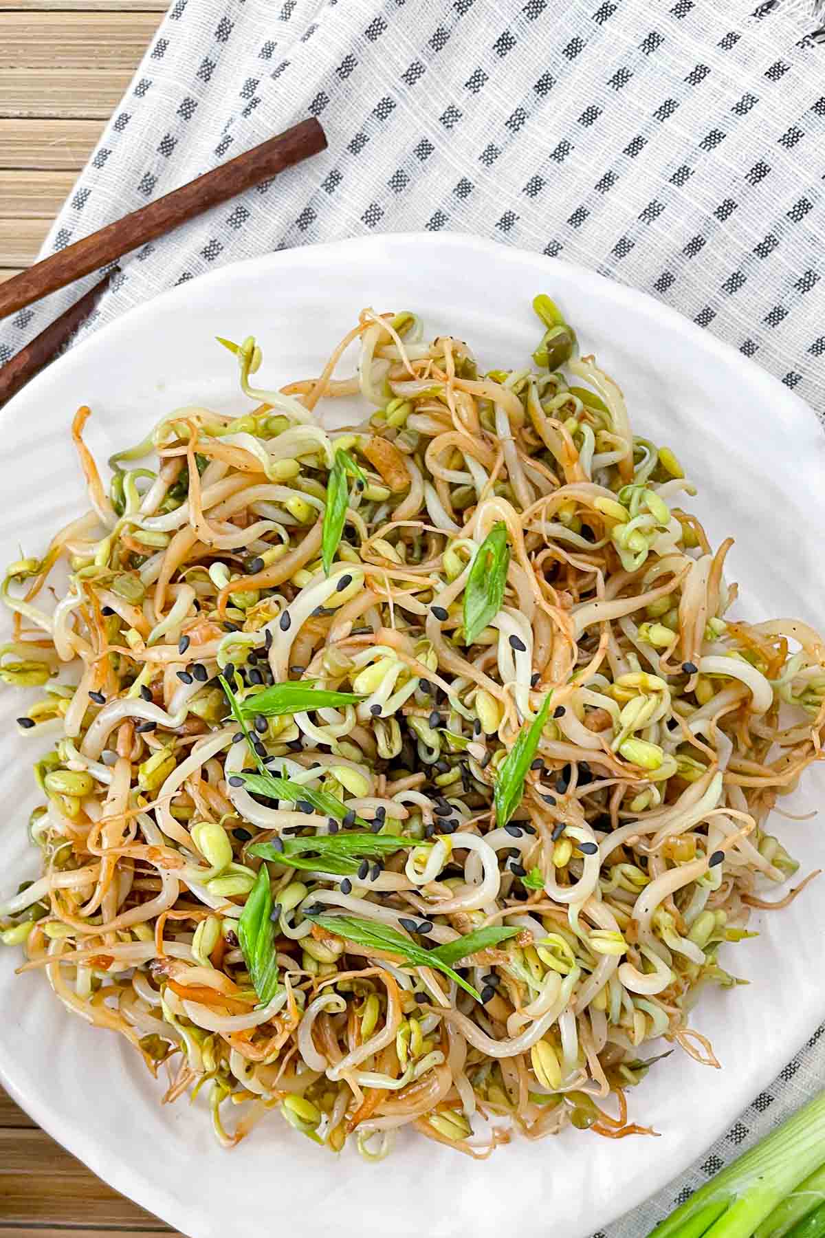 Overhead picture of stir fried bean sprouts