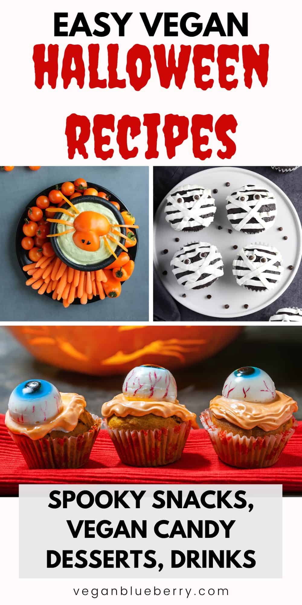 Pinterest image with text: Easy vegan Halloween recipes - spooky snacks, vegan candy, desserts, drinks