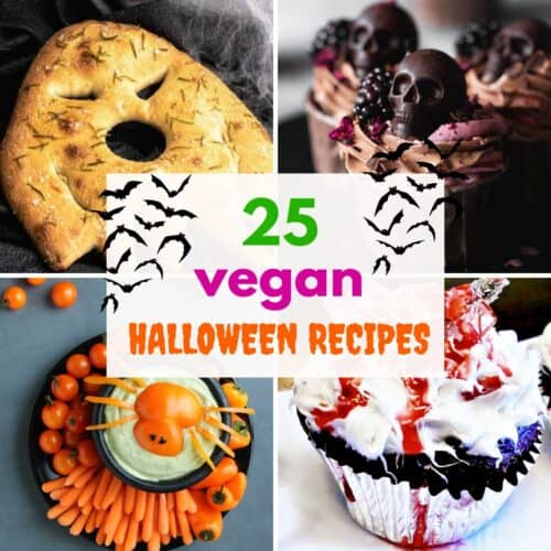 Collage of photos with text: 25 vegan Halloween recipes