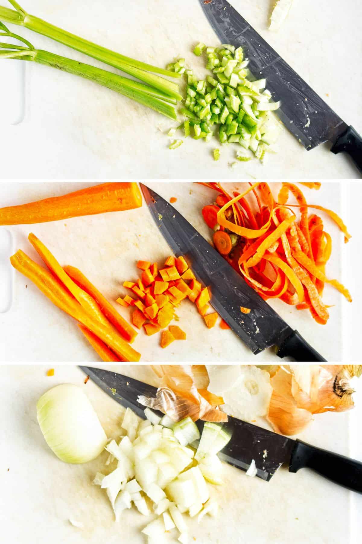 Collage of 3 pictures showing diced celery, onion, and carrots.