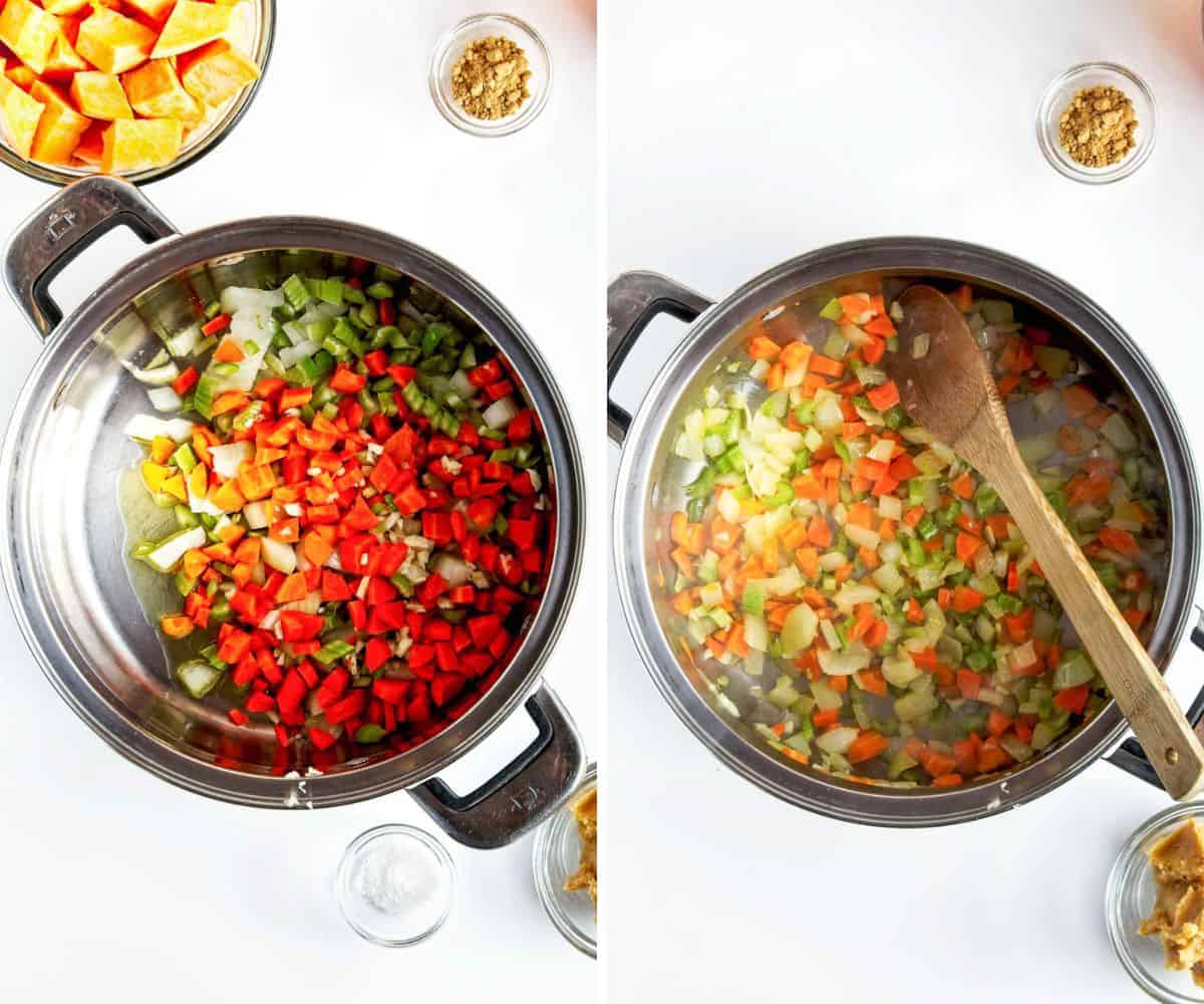 2 photos showing onion, carrot, and celery sautéing in a soup pot.