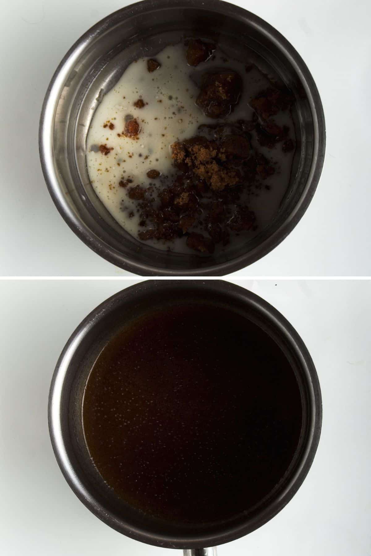 Collage of 2 pictures showing how to make sticky bun sauce for the baking pan