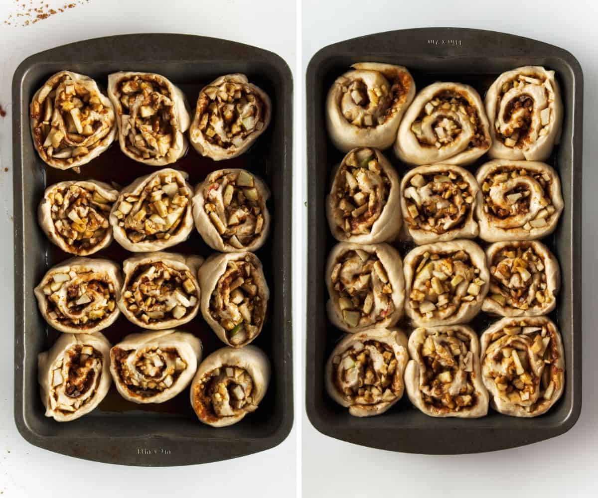 Collage showing vegan sticky buns in a baking tray before and after the second rise