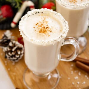 Close up of a glass of dairy-free vegan coquito