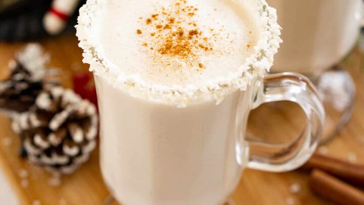 Close up of a glass of dairy-free vegan coquito