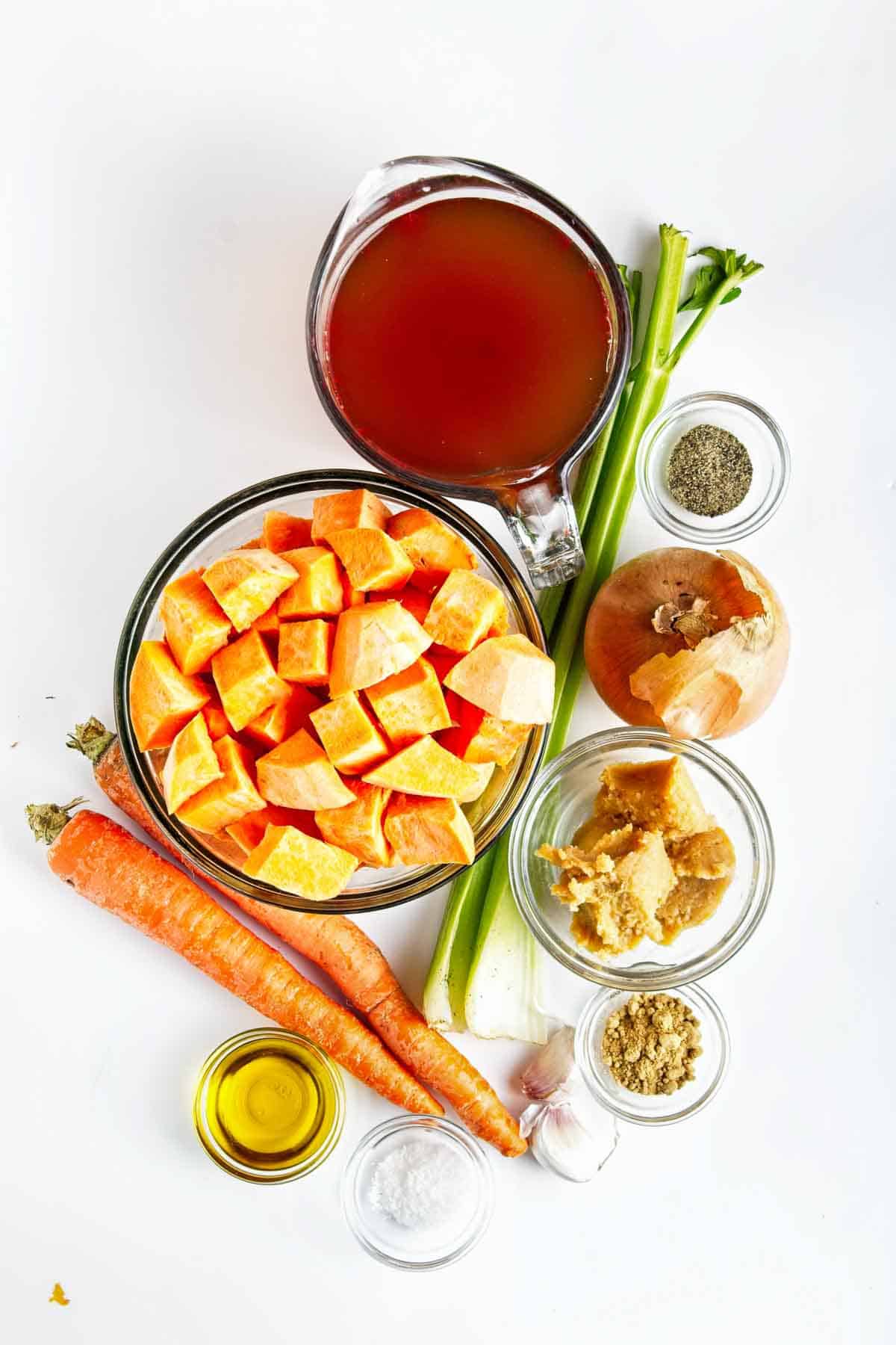 Ingredients to make vegan miso sweet potato soup