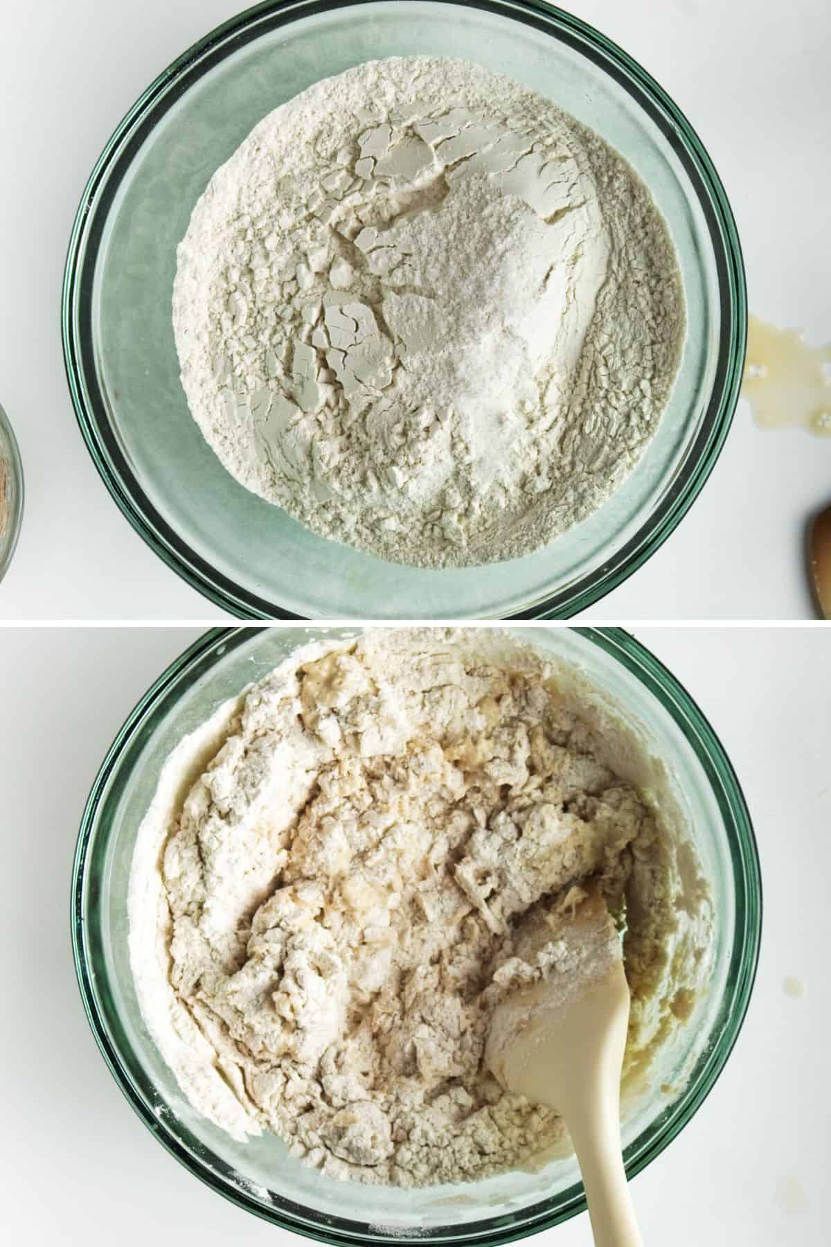 Collage of 2 pictures showing how to make sticky bun dough