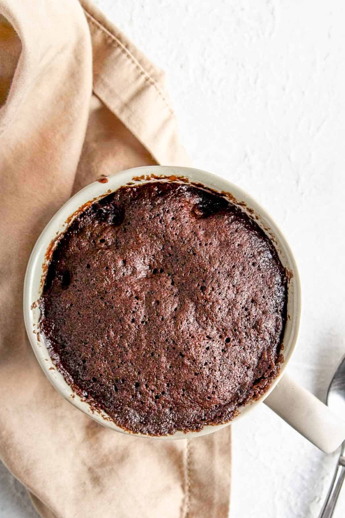 Overhead picture of a vegan chocolate mug cake