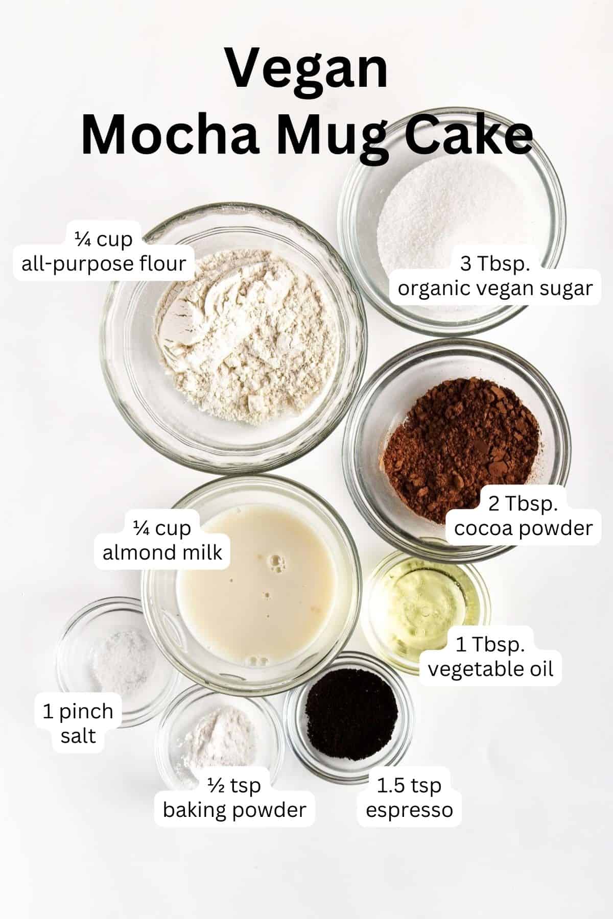 Ingredients to make a vegan mocha mug cake