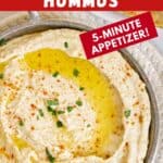 Pin with text: Easy Vegan Butterbean Hummus - 5 minute appetizer