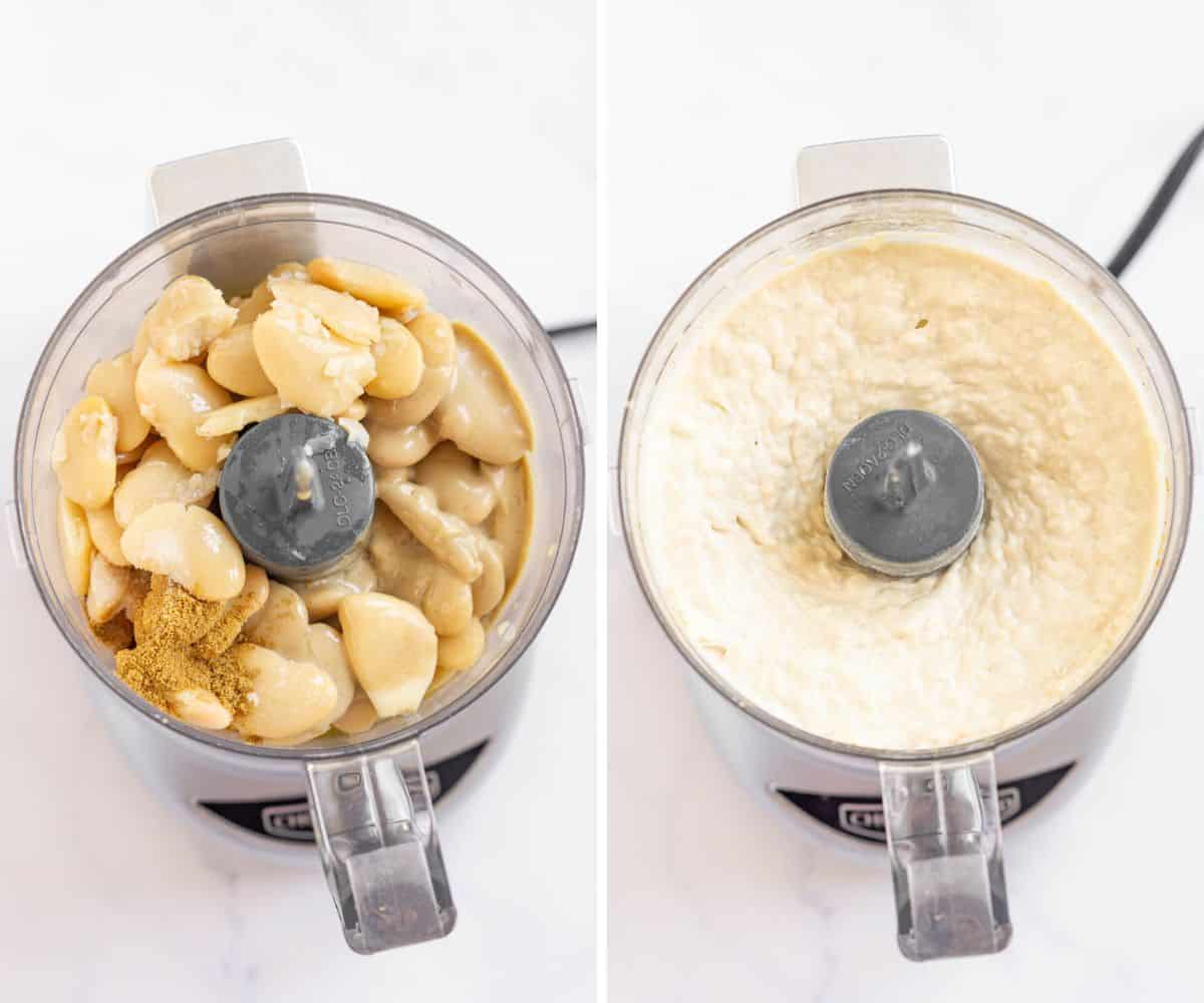 Collage of 2 pictures of how to make butterbean hummus in a food processor