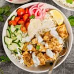 Tofu shawarma rice bowl with toppings
