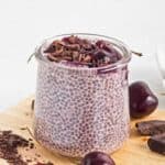 Pinterest image with text: Cherry chia pudding with oat milk - easy vegan make-ahead breakfast