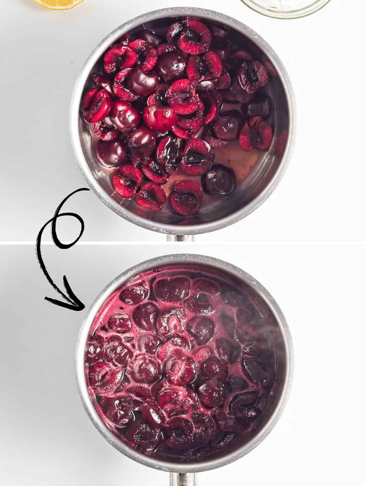 Collage of 2 photos showing how cherries cook down in a saucepan