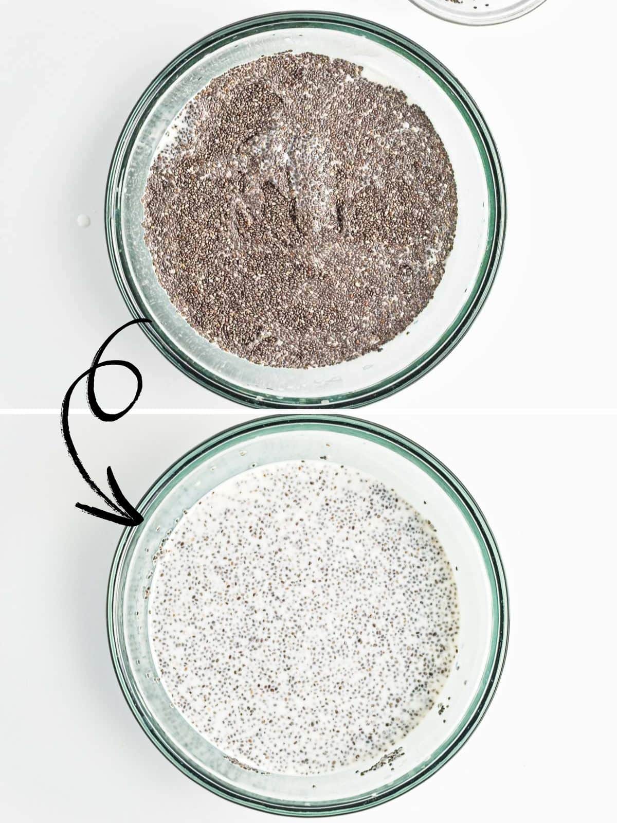 Collage of 2 pictures showing how chia pudding absorbs liquid after sitting