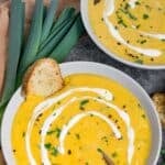 Pinterest image with text: vegan butternut squash soup with leeks