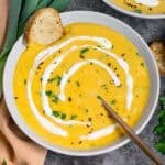 Bowl of vegan butternut squash leek soup