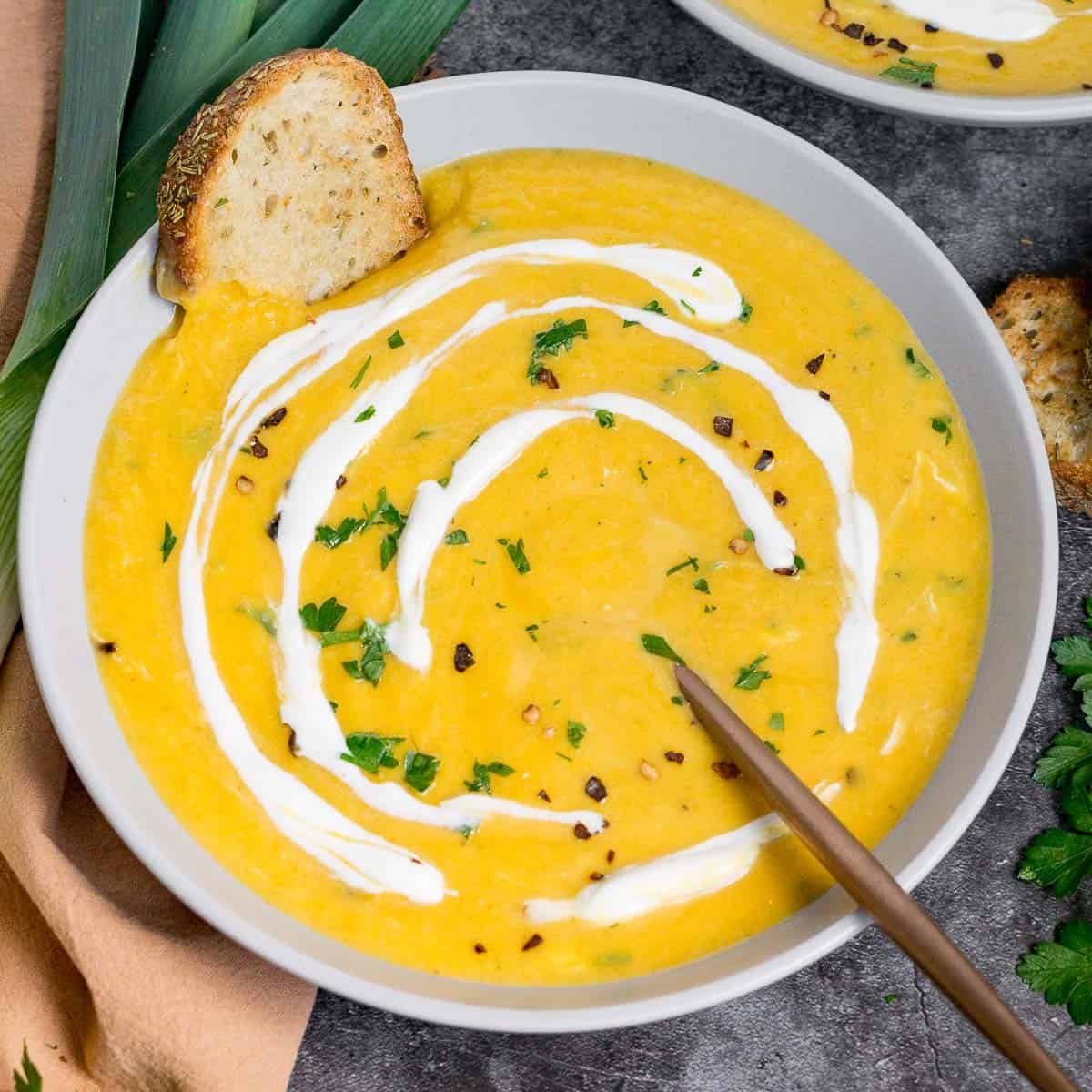 Bowl of vegan butternut squash leek soup