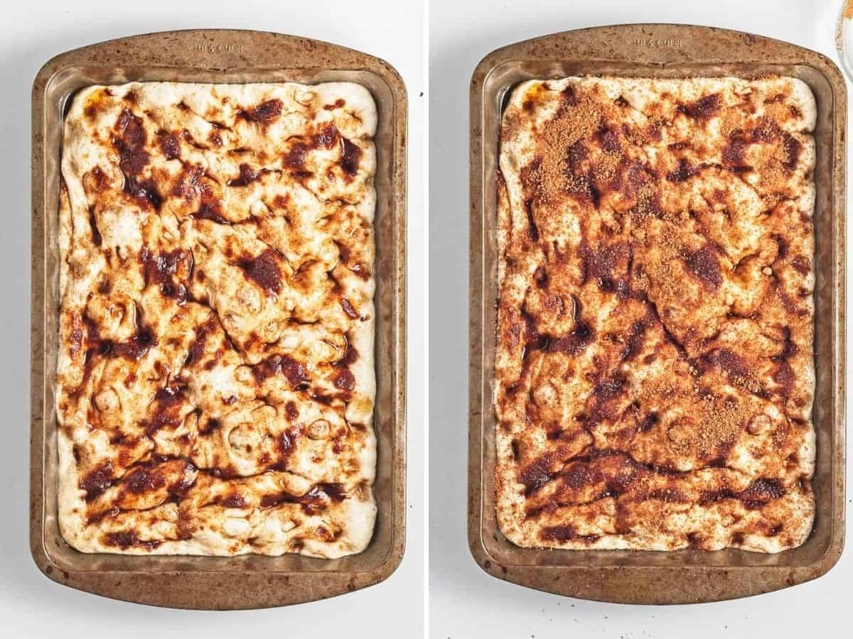 Collage of 2 pictures showing how to dimple cinnamon focaccia bread and then sprinkle with cinnamon sugar