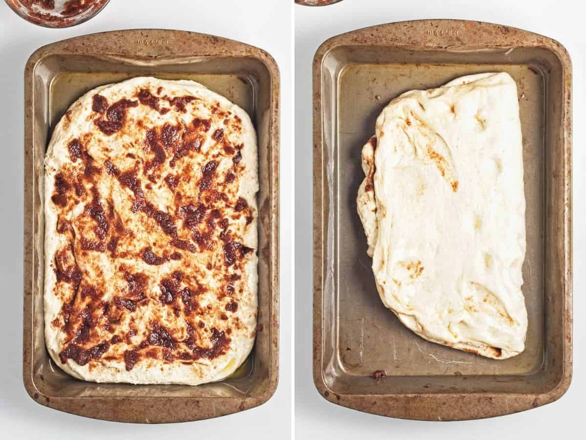 Collage of 2 pictures showing how to spread cinnamon sugar paste over focaccia then fold the dough over