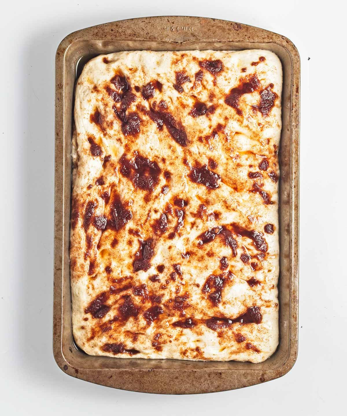 Cinnamon roll focaccia after rising