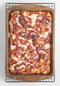 Cinnamon roll focaccia bread in baking pan