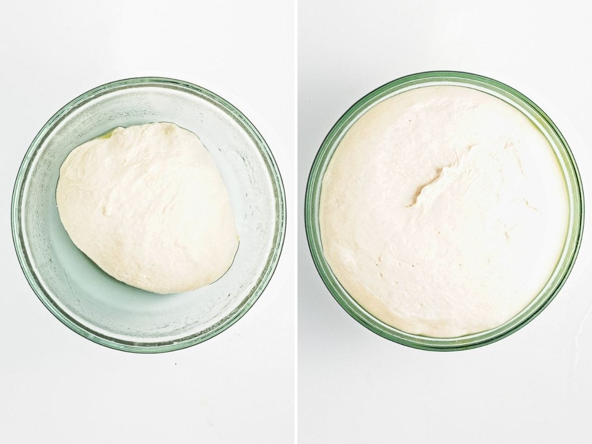 Collage of 2 pictures showing focaccia dough rising