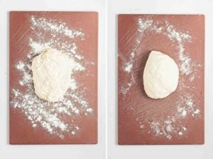 Collage of 2 pictures showing focaccia dough before and after "pull and fold" kneading
