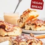 Pinterest image with text: Cinnamon Roll Focaccia Bread - easy vegan bread