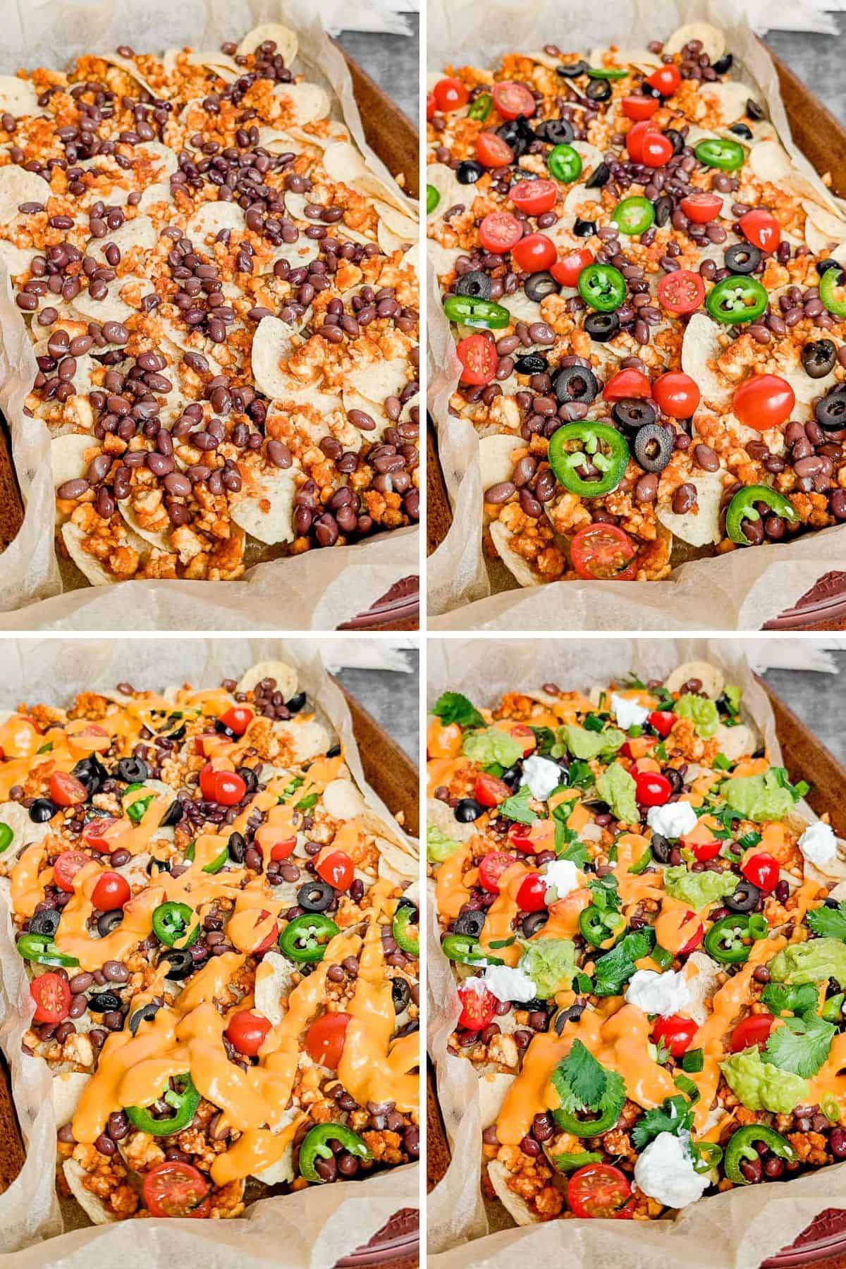 Collage of 4 pictures showing how to add vegan toppings for nachos