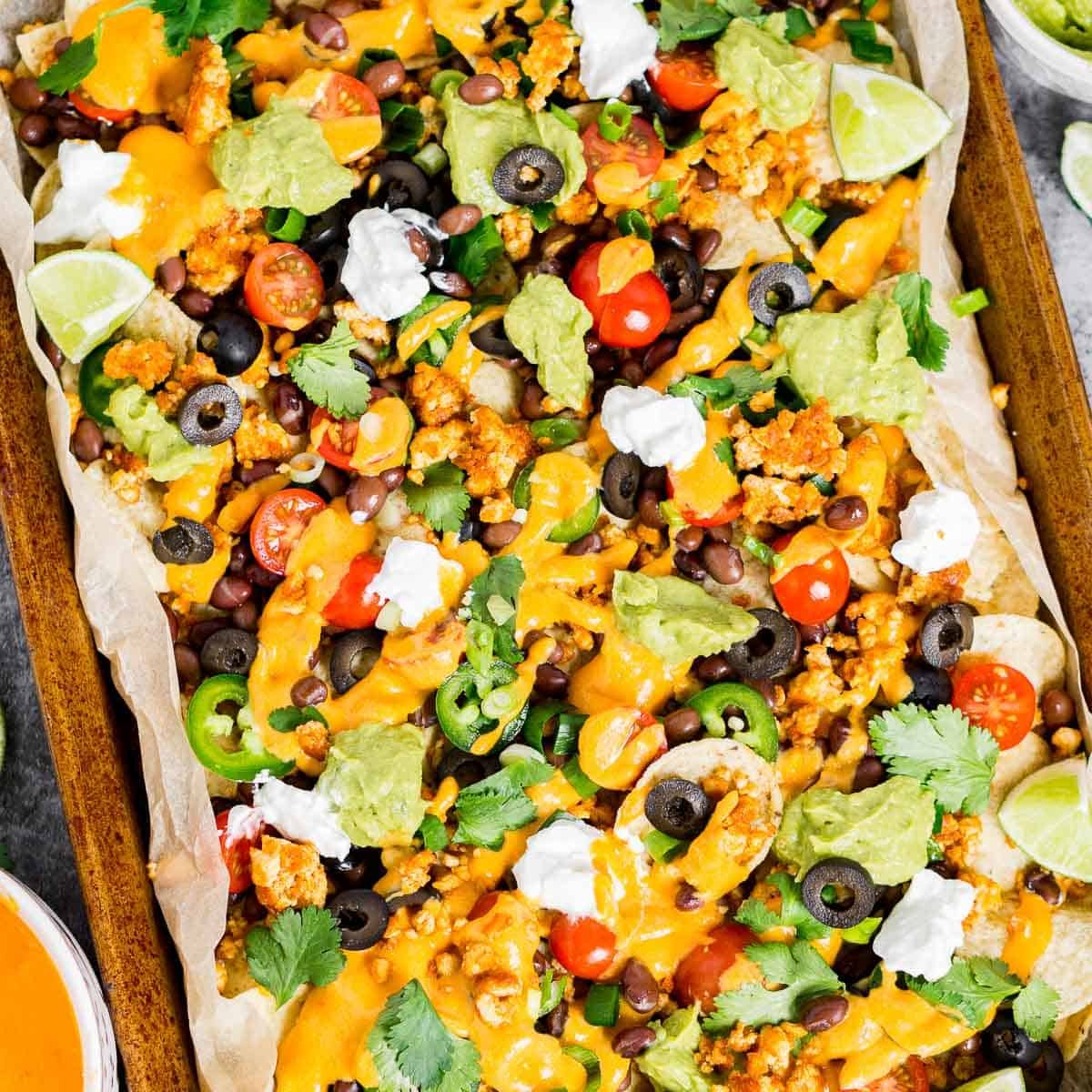 Platter of loaded vegan nachos