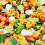 Close up of loaded vegan nachos to show texture